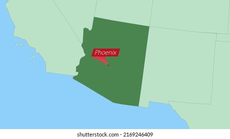 Map of Arizona with pin of country capital. Arizona Map with neighboring countries in green color.