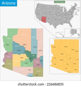Map of Arizona state designed in illustration with the counties and the county seats