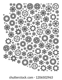 Map of Arizona State formed with gray cog symbols. Vector abstract mosaic of map of Arizona State with machinery symbols. Engineering flat design for industry purposes.