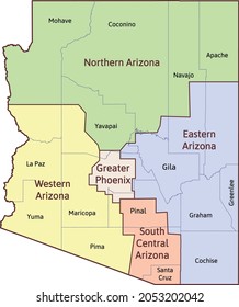 Map of Arizona state regions. Clolred. Vectored