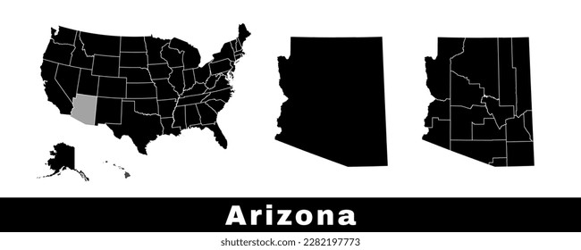 Map of Arizona state, USA. Set of Arizona maps with outline border, counties and US states map. Black and white color vector illustration.