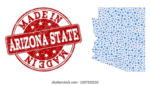 Map of Arizona State vector mosaic and Made In grunge stamp. Map of Arizona State formed with blue gear links. Made in red seal with grunge rubber texture.