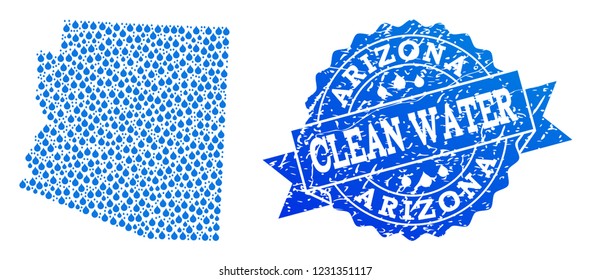 Map of Arizona State vector mosaic and clean water grunge stamp. Map of Arizona State designed with blue aqua dews. Seal with retro rubber texture for clean drinking water.