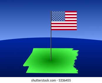 Map of Arkansas with American flag on pole illustration