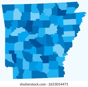 Map of Arkansas with counties. Just a simple state border map with county division. Light blue color palette. Blank State of Arkansas shape with administrative division. Vector illustration.