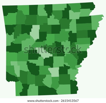 Map of Arkansas with counties. Just a simple state border map with county division in a green color palette. Plain State of Arkansas shape with administrative division. Vector illustration.