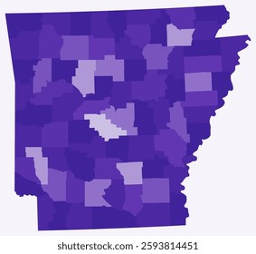 Map of Arkansas with counties. A simple state border map with county divisions in a deep purple color palette. Vector illustration.