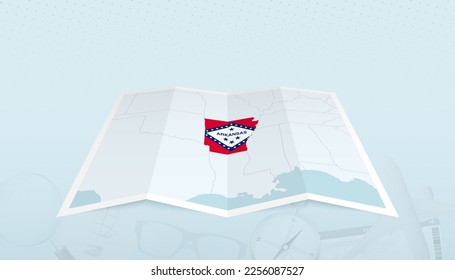 Map of Arkansas with the flag of Arkansas in the contour of the map on a trip abstract backdrop. Travel illustration.