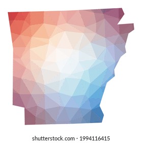 Map of Arkansas. Low poly illustration of the US state. Geometric design with stripes. Technology, internet, network concept. Vector illustration.