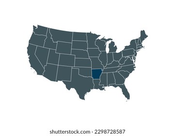 Map of Arkansas on USA map. Map of Arkansas highlighting the boundaries of the state of Arkansas on the map of the United States of America.