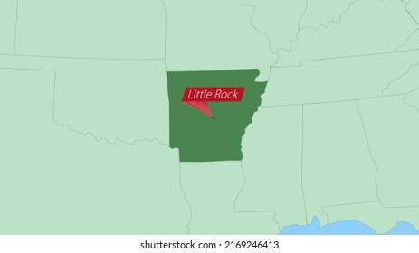 Map of Arkansas with pin of country capital. Arkansas Map with neighboring countries in green color.