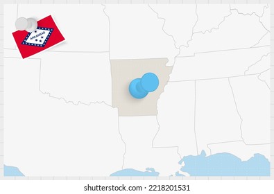 Map of Arkansas with a pinned blue pin. Pinned flag of Arkansas, vector illustration.