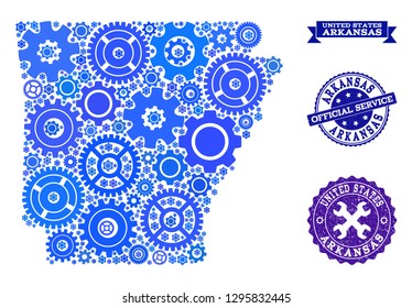 Map of Arkansas State composed with blue wheel symbols, and isolated rubber seals for official repair services.