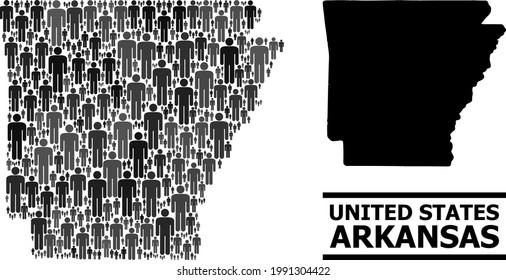 Map of Arkansas State for demographics agitprop. Vector demographics mosaic. Concept map of Arkansas State composed of man icons. Demographic scheme in dark grey color shades.