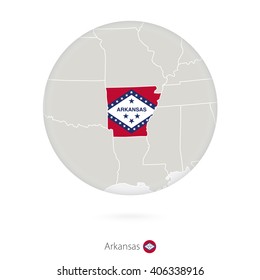 Map of Arkansas State and flag in a circle. Arkansas US State map contour with flag. Vector Illustration.