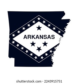 Map of the Arkansas state with the official flag in white and black colors isolated on white background. Vector illustration
