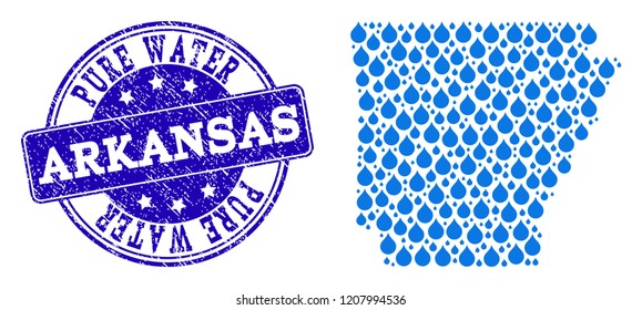 Map of Arkansas State vector mosaic and Pure Water grunge stamp. Map of Arkansas State composed with blue liquid tears. Seal with corroded rubber texture for natural drinking water.