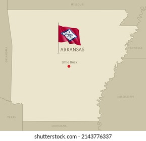 Map of Arkansas US state with waving flag. Highly detailed map of USA Federal State with territory borders and capital city, political or geographical design realistic vector illustration