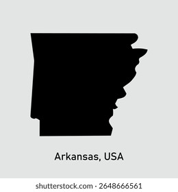 Map of Arkansas USA on gray background. Solid black silhouette isolated map