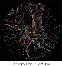 Mapa de Arles, Bouches-du-Rhône con todas las carreteras principales y menores, ferrocarriles y vías fluviales. Coloridas líneas de arte sobre fondo negro.