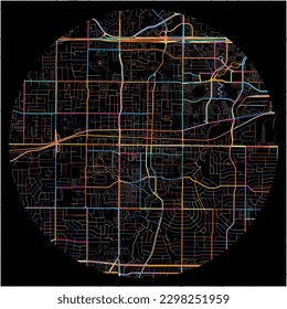 Map of Arlington, Texas with all major and minor roads, railways and waterways. Colorful line art on black background.