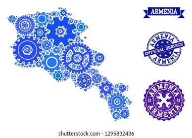 Map of Armenia composed with blue cog symbols, and isolated grunge seals for official repair services. Vector abstract mosaic of map of Armenia with repair symbols in blue color tints.