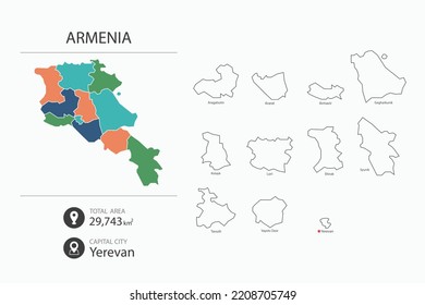 Map of Armenia with detailed country map. Map elements of cities, total areas and capital.