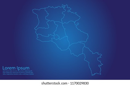 Map of armenia - With glowing point and lines scales on the dark gradient background. armenia map with country borders, thin Blue outline on Dark background.