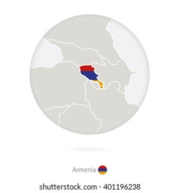 Map of Armenia and national flag in a circle. Armenia map contour with flag. Vector Illustration.