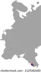 Map of Armenia with national flag within the gray map of Eastern Europe