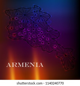 Map of Armenia from polygonal blue lines and glowing stars vector illustration