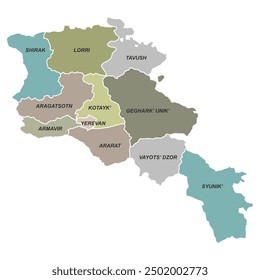 Map of Armenia with regional divisions in different pastel colors, easy to print. Editable and scalable vector graphic illustration isolated on white background eps file.