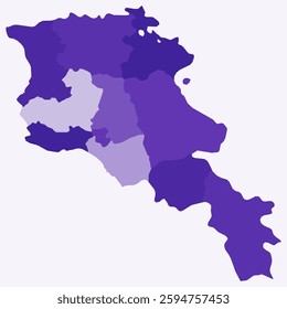 Map of Armenia with regions. Just a simple country border map with region division. Deep purple color palette. Blank Armenia shape with administrative division. Vector illustration.