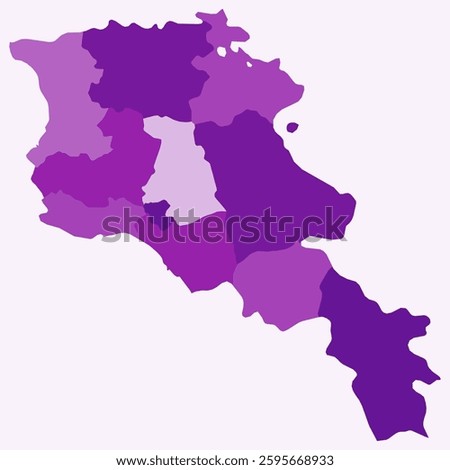 Map of Armenia with regions. Just a simple country border map with region division. Purple color palette. Blank Armenia shape with administrative division. Vector illustration.