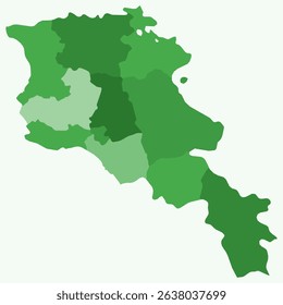 Map of Armenia with regions. A simple country border map with regional divisions. Green color palette. Blank Armenia shape with administrative division. Vector illustration.