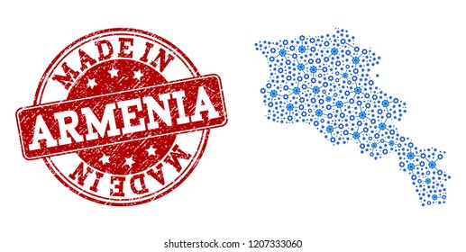 Map of Armenia vector mosaic and Made In grunge stamp. Map of Armenia formed with blue gear relations. Made in red seal with grunge rubber texture.