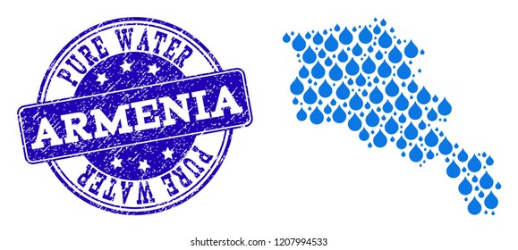 Map of Armenia vector mosaic and Pure Water grunge stamp. Map of Armenia created with blue aqua tears. Seal with grunge rubber texture for natural drinking water.
