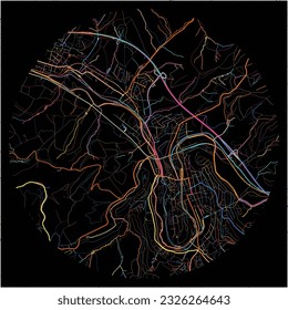 Map of Arnsberg, North Rhine-Westphalia with all major and minor roads, railways and waterways. Colorful line art on black background.