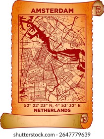 map art Amsterdam, Netherlands with coordinates. map poster old parchment paper scroll sheet vintage aged and texture, Historical vintage scrolls treasure map concept. poster design map ancient