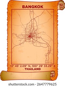 map art Bangkok, Thailand with coordinates. map poster old parchment paper scroll sheet vintage aged and texture, Historical vintage scrolls treasure map concept. poster design map ancient