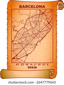map art Barcelona, Spain with coordinates. map poster old parchment paper scroll sheet vintage aged and texture, Historical vintage scrolls treasure map concept. poster design map ancient