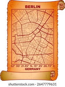 map art Berlin city, Germany with coordinates. map poster old parchment paper scroll sheet vintage aged and texture, Historical vintage scrolls treasure map concept. poster design map ancient