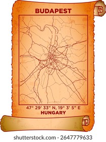map art Budapest, Hungary with coordinates. map poster old parchment paper scroll sheet vintage aged and texture, Historical vintage scrolls treasure map concept. poster design map ancient