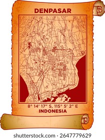 map art Denpasar, Indonesia with coordinates. map poster old parchment paper scroll sheet vintage aged and texture, Historical vintage scrolls treasure map concept. poster design map ancient