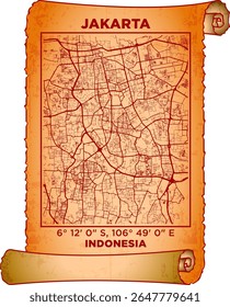 map art Jakarta, Indonesia with coordinates. map poster old parchment paper scroll sheet vintage aged and texture, Historical vintage scrolls treasure map concept. poster design map ancient