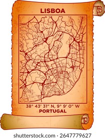 map art Lisboa, Portugal with coordinates. map poster old parchment paper scroll sheet vintage aged and texture, Historical vintage scrolls treasure map concept. poster design map ancient