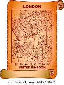 mapa arte Londres, Reino Unido com coordenadas. mapa poster antigo pergaminho papel folha de rolagem vintage envelhecido e textura, Histórico vintage pergaminhos conceito mapa do tesouro.