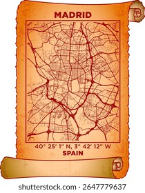 map art Madrid, Spain with coordinates. map poster old parchment paper scroll sheet vintage aged and texture, Historical vintage scrolls treasure map concept. poster design map ancient