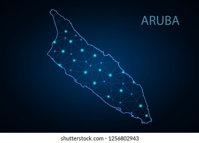 Map of Aruba from Polygonal wire frame low poly mash, contours network line, luminous space stars, design sphere, dot and structure. Vector Illustration EPS10. - Vector