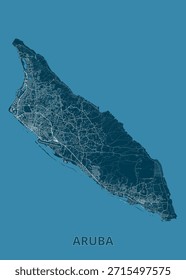 Mapa de Aruba, situado contra um fundo azul-petróleo. A forma da ilha é claramente definida, com intrincadas linhas brancas ilustrando a rede rodoviária e as características geográficas.